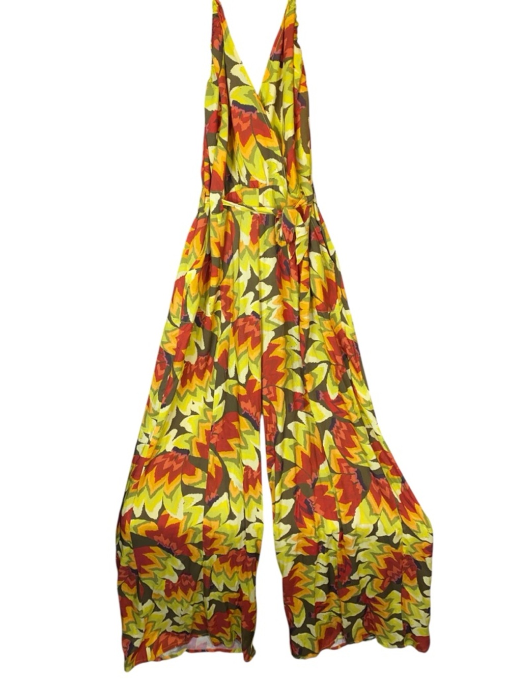 NWT FARM Rio Yellow/Red Multicolor Halter Leaf Boho Jumpsuit, Size XL - Picture 5 of 10